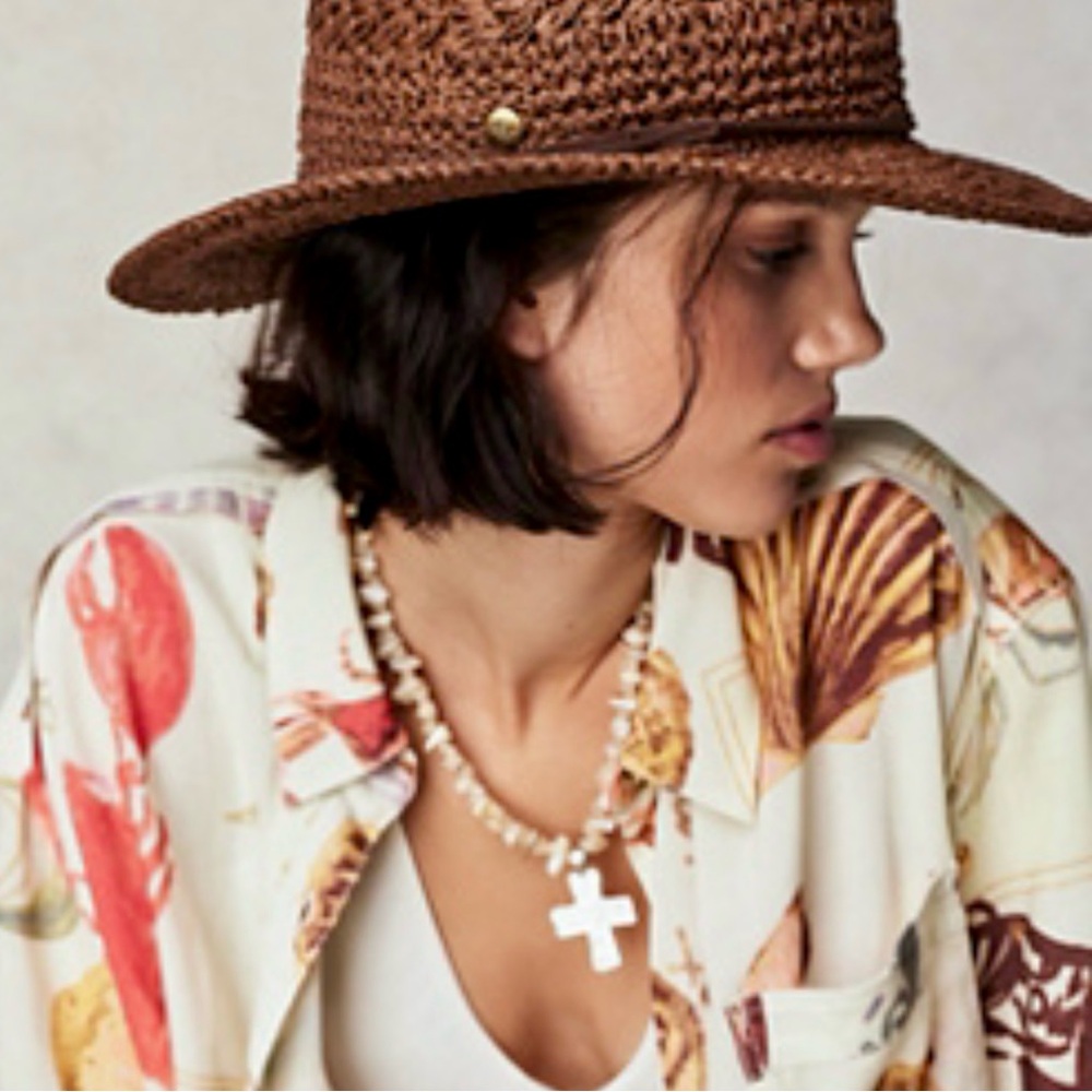Free People Peter Grimm Brown Woven Sun Hat with Textured Band